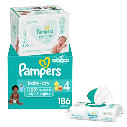 Diapers Size 4, 186 Count and Baby Wipes - Pampers Baby Dry Disposable Baby Diapers, ONE MONTH SUPPLY with Baby Wipes Sensitive 6X Pop-Top Packs, 336 Count